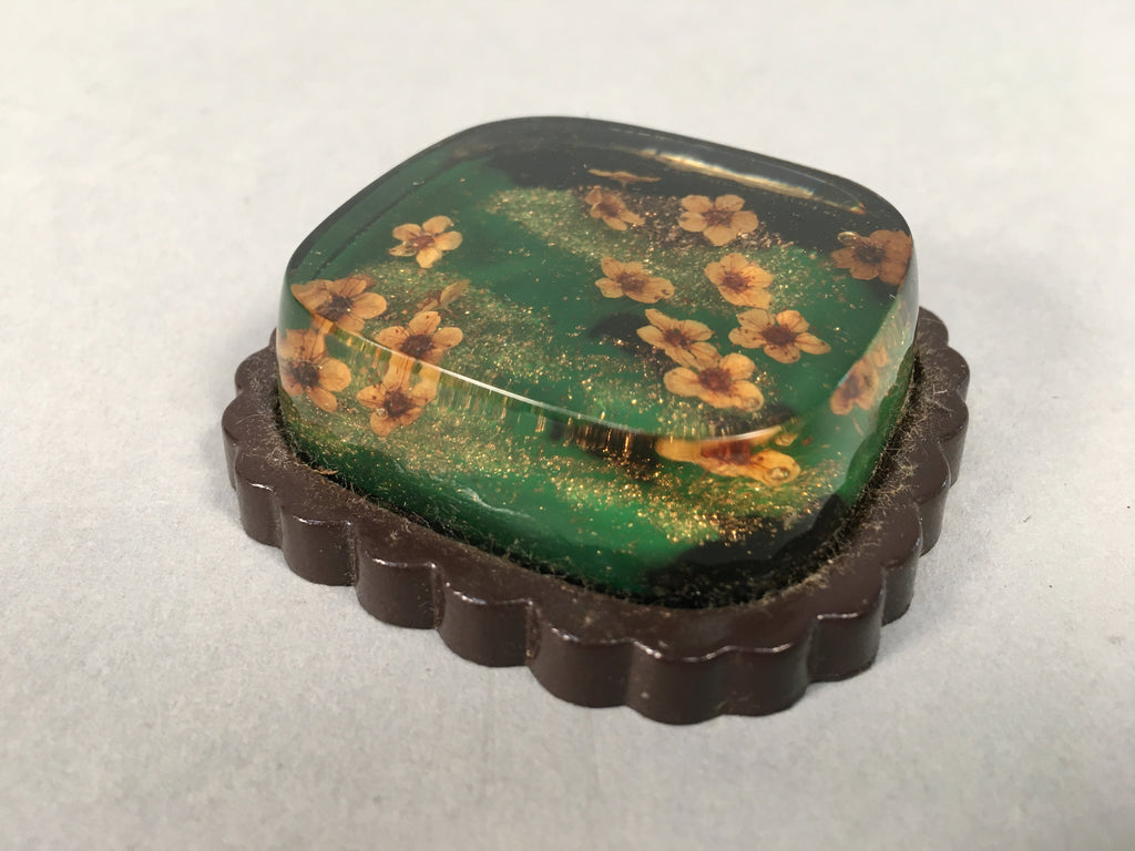 Japanese Glass Paperweight Vtg Dried Flower Green Metal Yellow Gold JK168