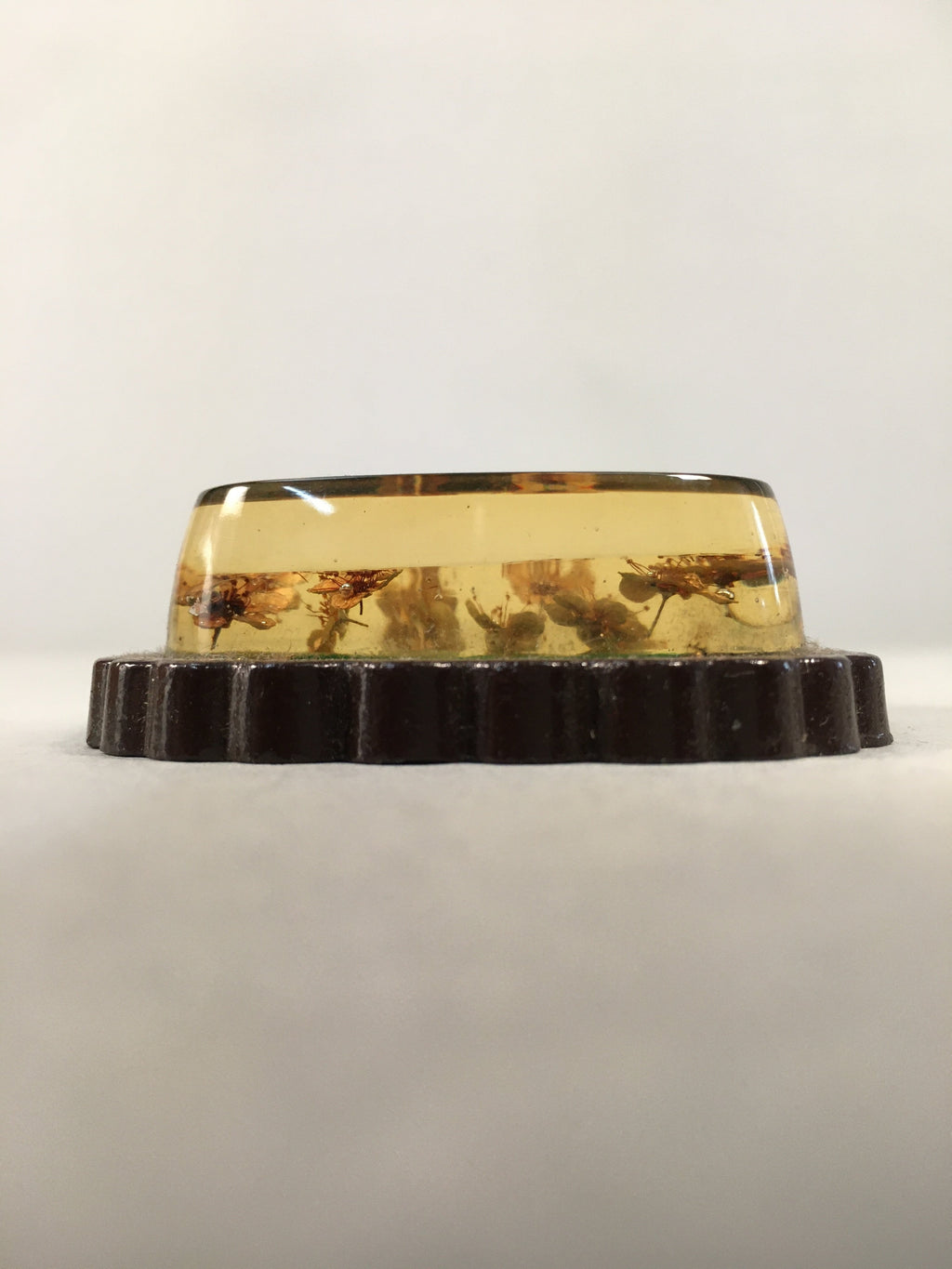 Japanese Glass Paperweight Vtg Dried Flower Green Metal Yellow Gold JK168
