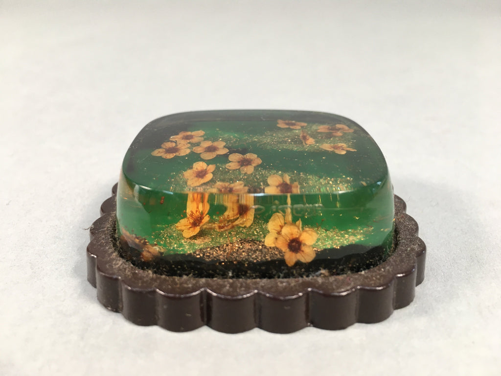 Japanese Glass Paperweight Vtg Dried Flower Green Metal Yellow Gold JK168