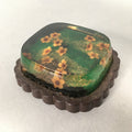 Japanese Glass Paperweight Vtg Dried Flower Green Metal Yellow Gold JK168
