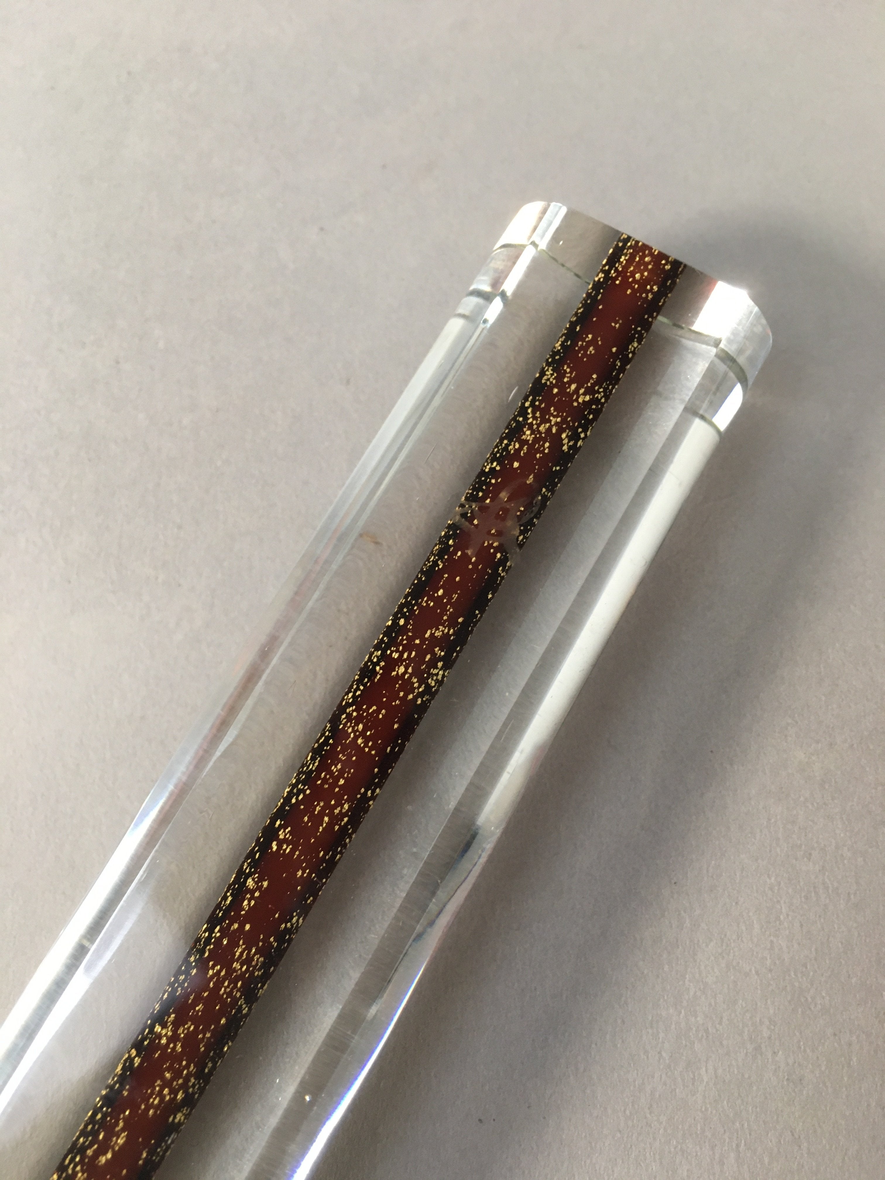 Japanese Glass Paperweight Vtg Semi-Cylindrical Stick Brown Gold JK171