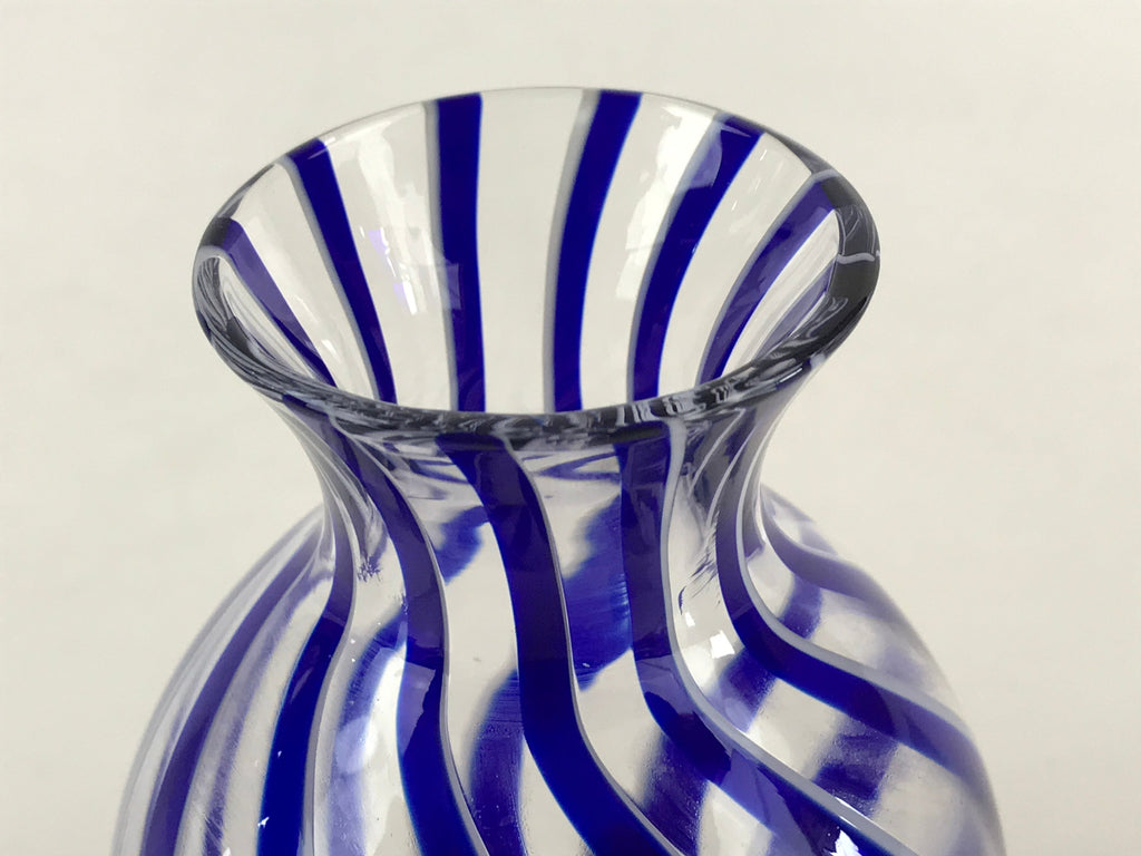 Japanese Glass Sake Bottle Vtg Clear Glass Blue Stripes Summer Reisyu Tokkuri TS