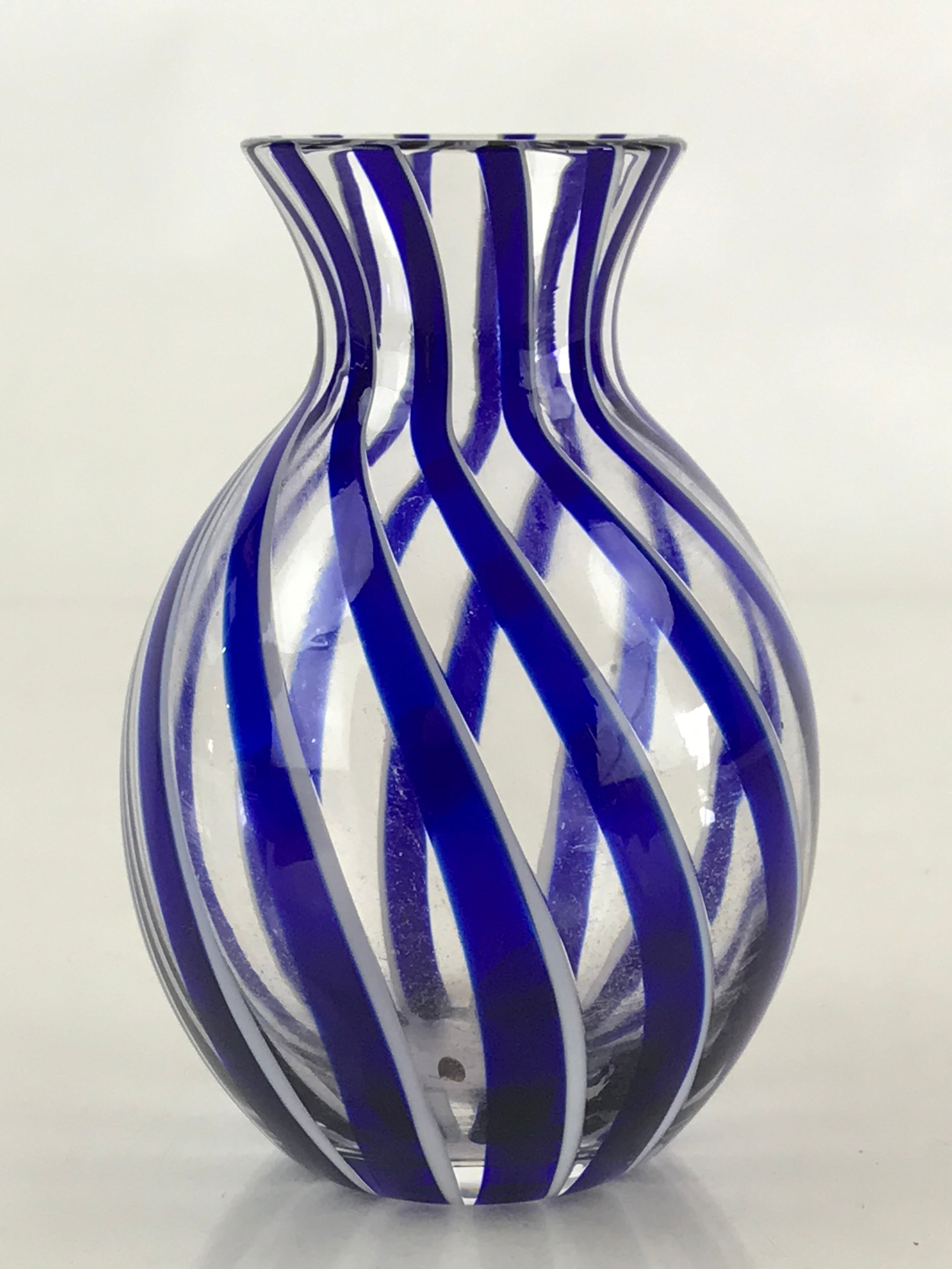 Japanese Glass Sake Bottle Vtg Clear Glass Blue Stripes Summer Reisyu Tokkuri TS