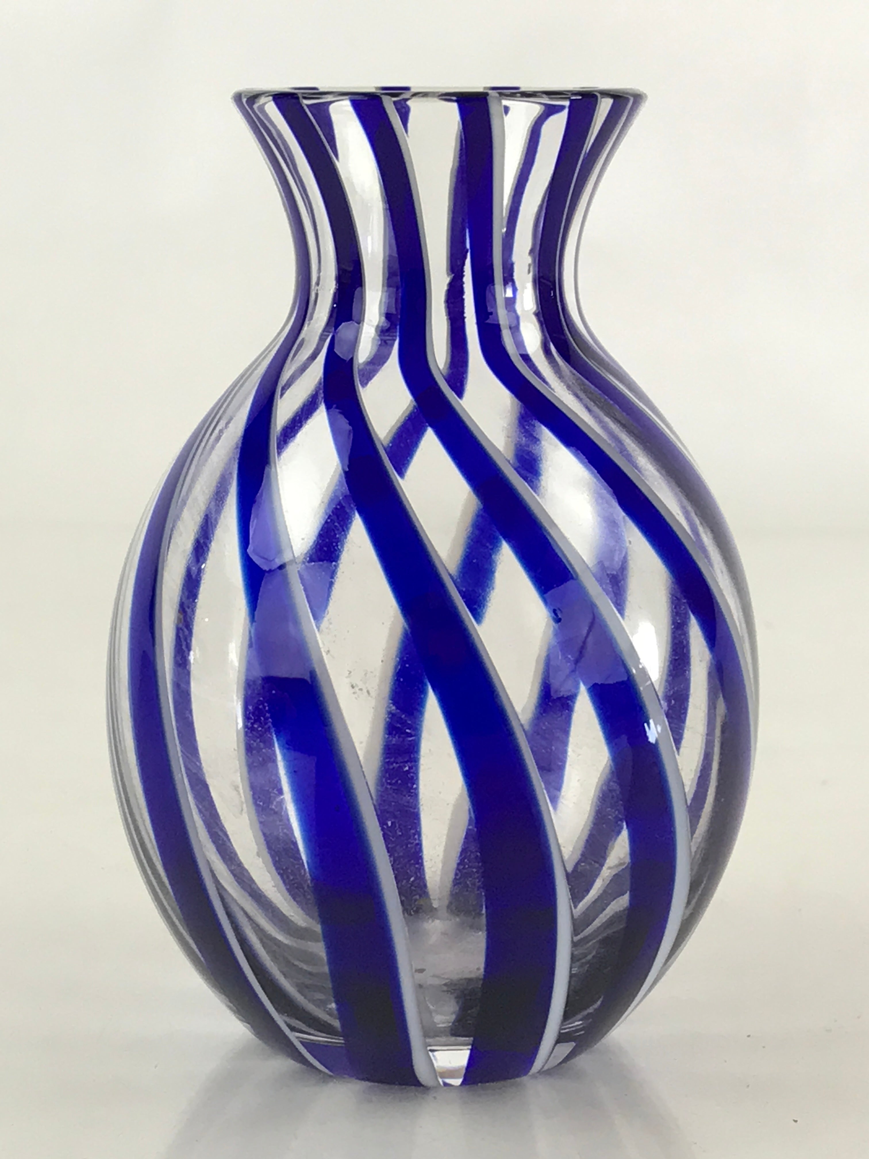 Japanese Glass Sake Bottle Vtg Clear Glass Blue Stripes Summer Reisyu Tokkuri TS