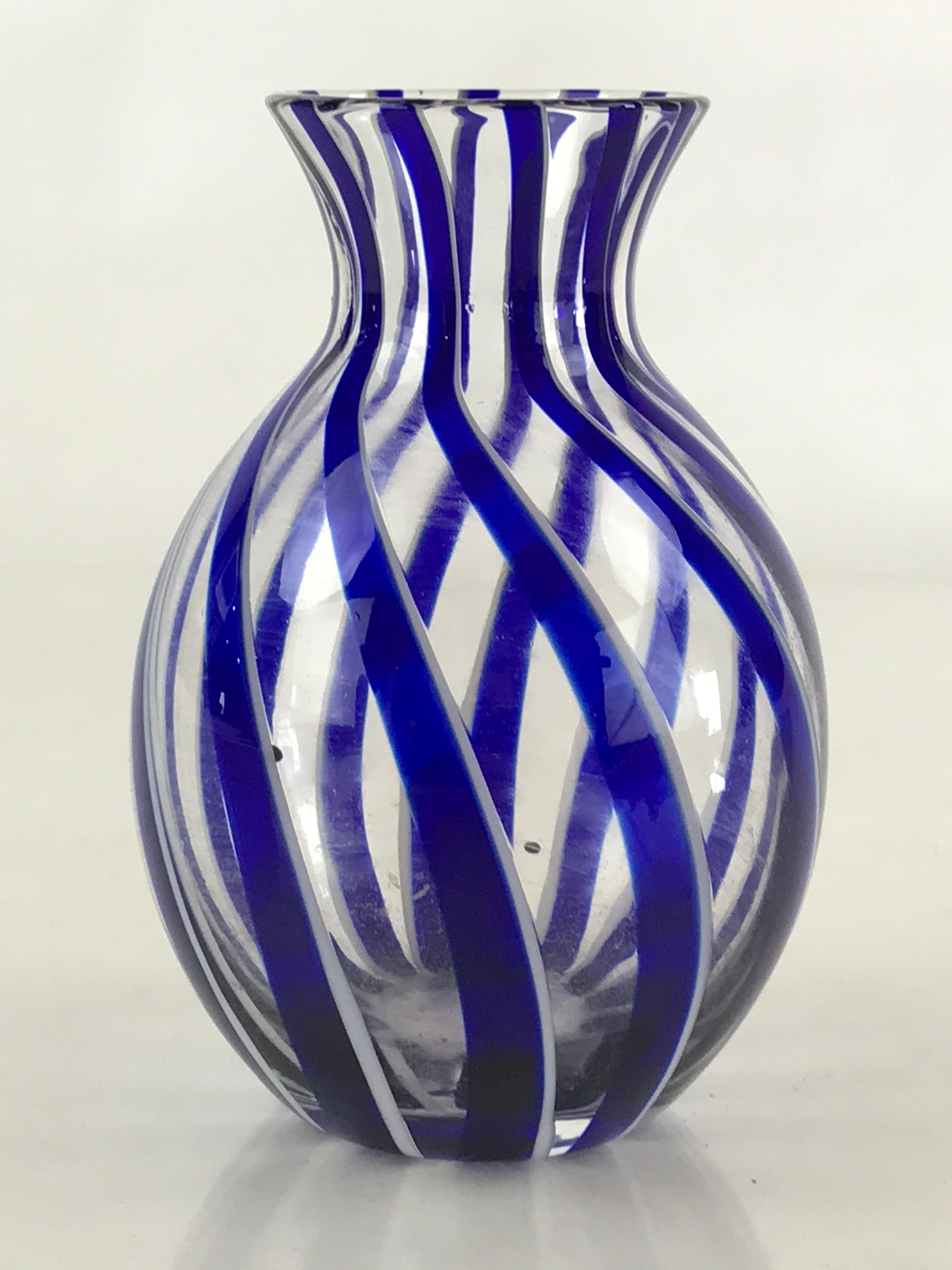 Japanese Glass Sake Bottle Vtg Clear Glass Blue Stripes Summer Reisyu Tokkuri TS