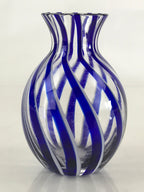 Japanese Glass Sake Bottle Vtg Clear Glass Blue Stripes Summer Reisyu Tokkuri TS