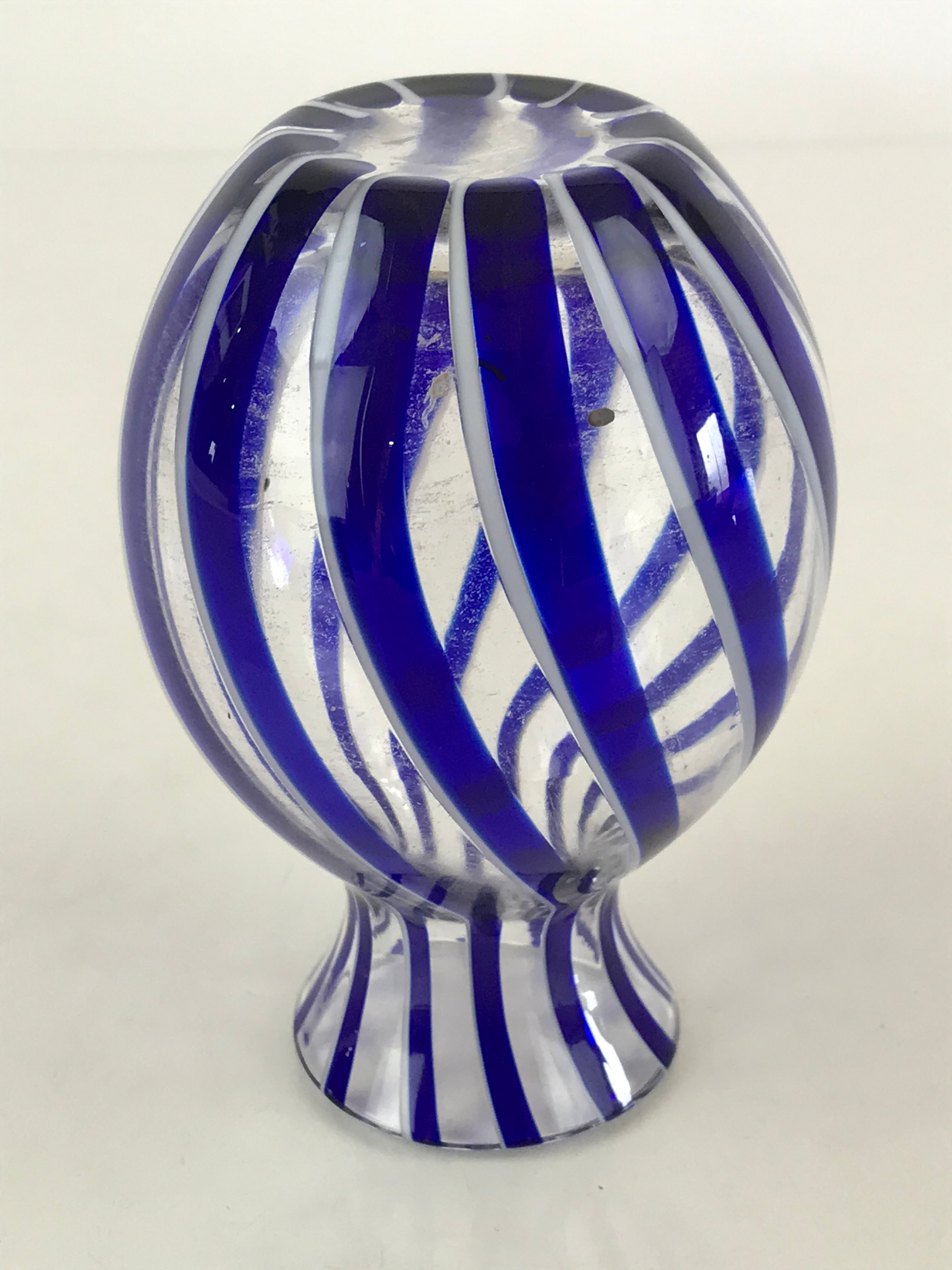 Japanese Glass Sake Bottle Vtg Clear Glass Blue Stripes Summer Reisyu Tokkuri TS