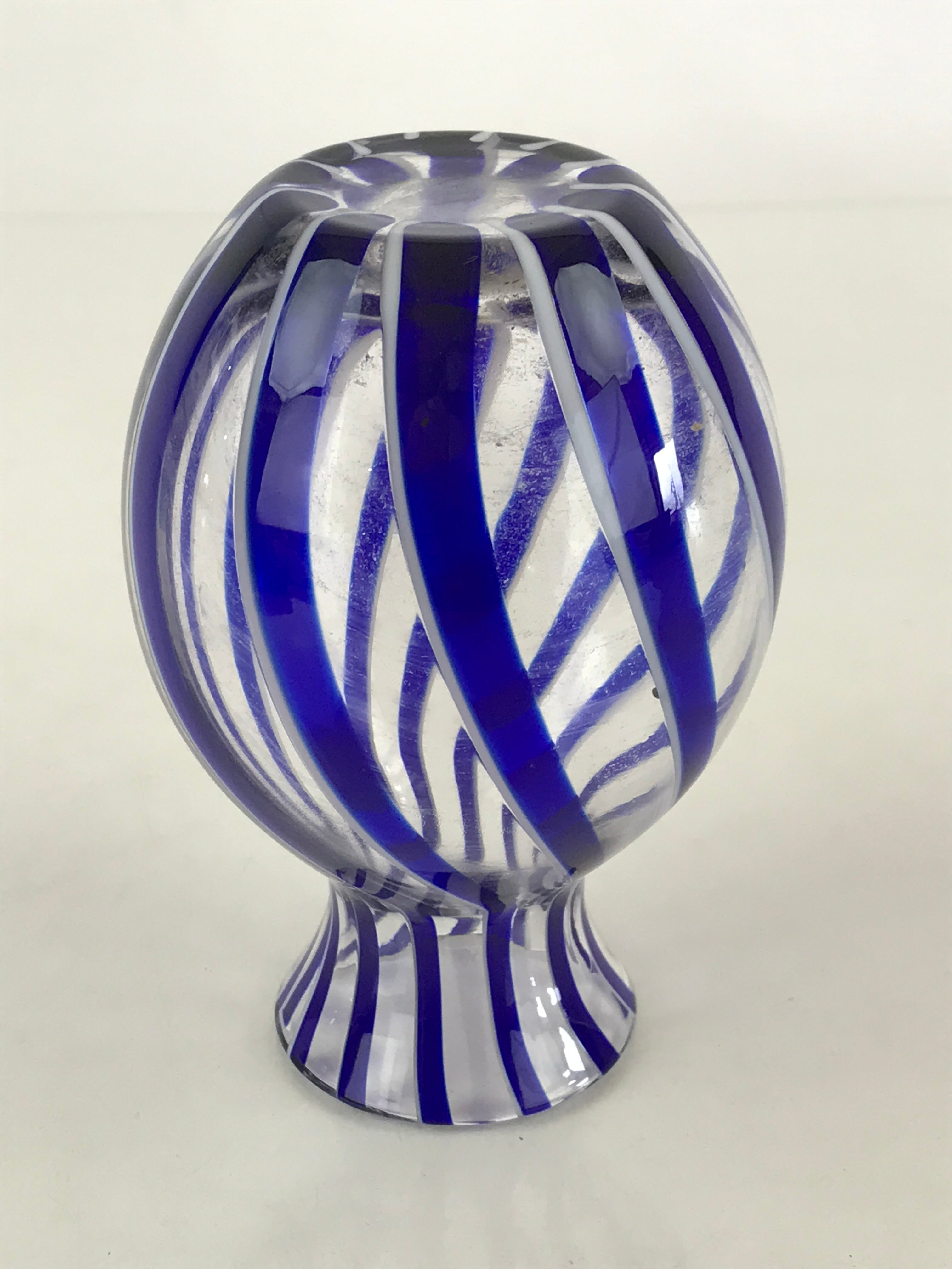 Japanese Glass Sake Bottle Vtg Clear Glass Blue Stripes Summer Reisyu Tokkuri TS