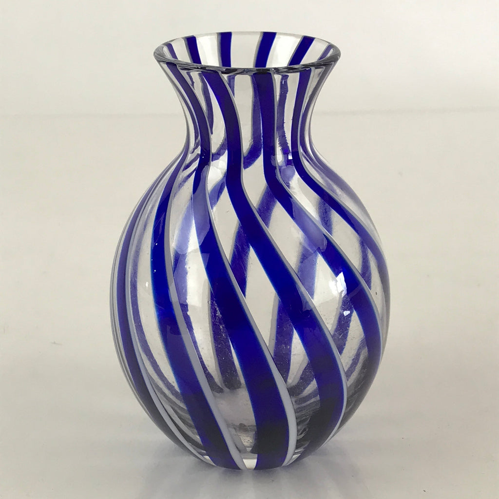 Japanese Glass Sake Bottle Vtg Clear Glass Blue Stripes Summer Reisyu Tokkuri TS