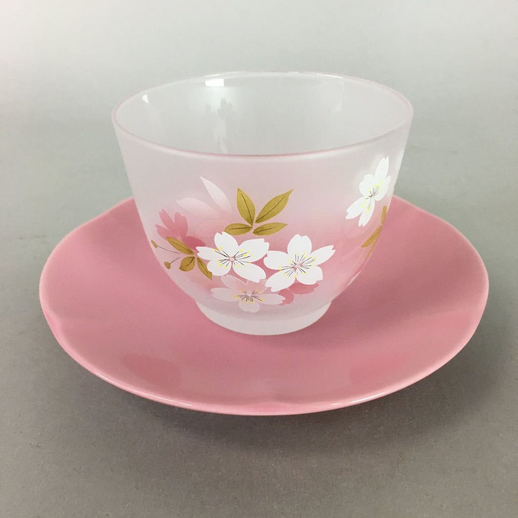 Japanese Glass Teacup Saucer Set Vtg Sakura Yunomi Coaster Cold Tea Sencha QT77