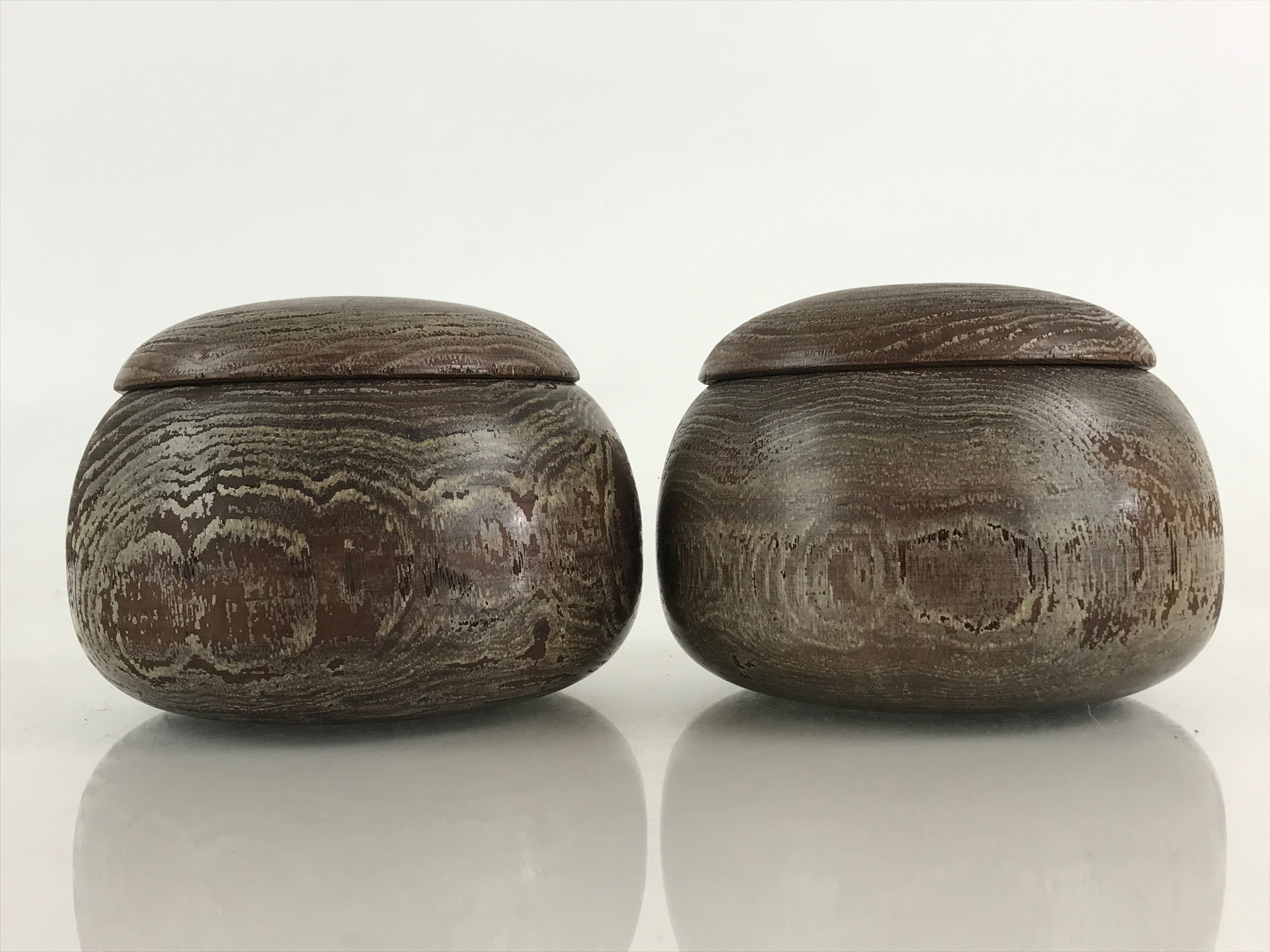 Japanese Go Stone Goishi Game Piece Complete Set Vtg Brown Wood Bowl GO81