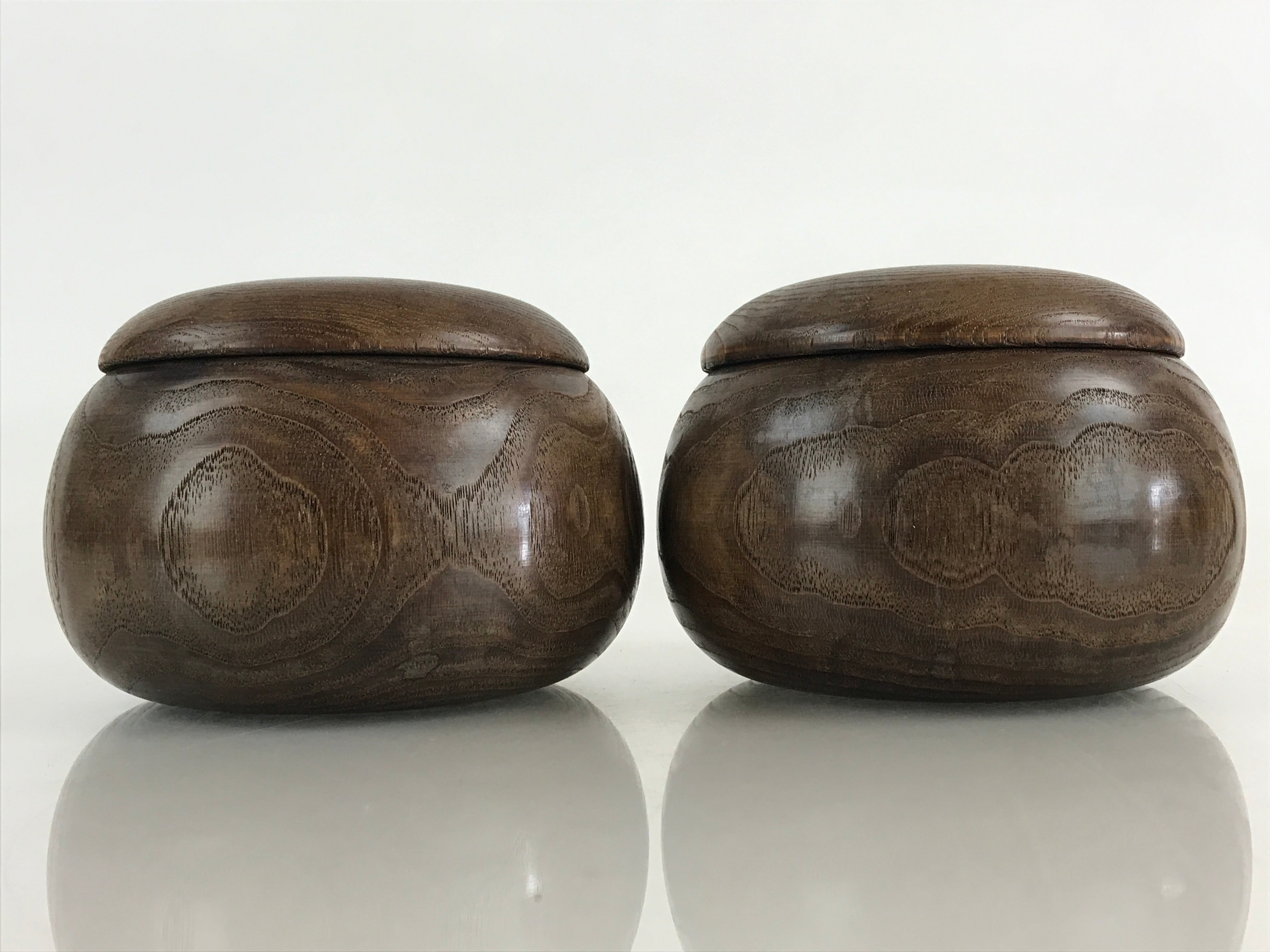 Japanese Go Stone Goishi Game Piece Complete Set Vtg Brown Wood Bowl GO82