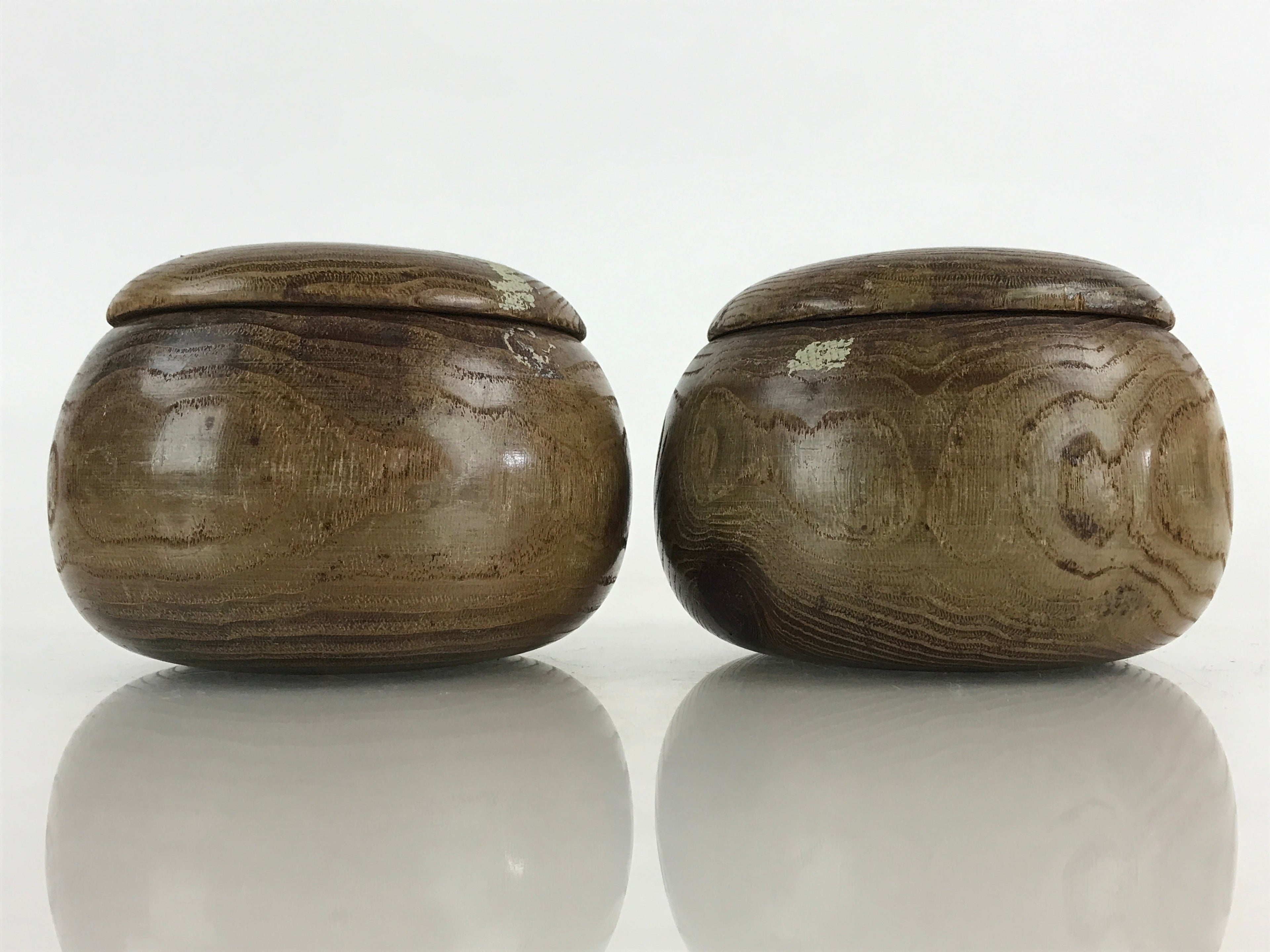 Japanese Go Stone Goishi Game Piece Set Vtg Brown Bowl Black White GO79