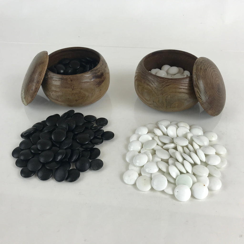 Japanese Go Stone Goishi Game Piece Set Vtg Brown Bowl Black White GO79