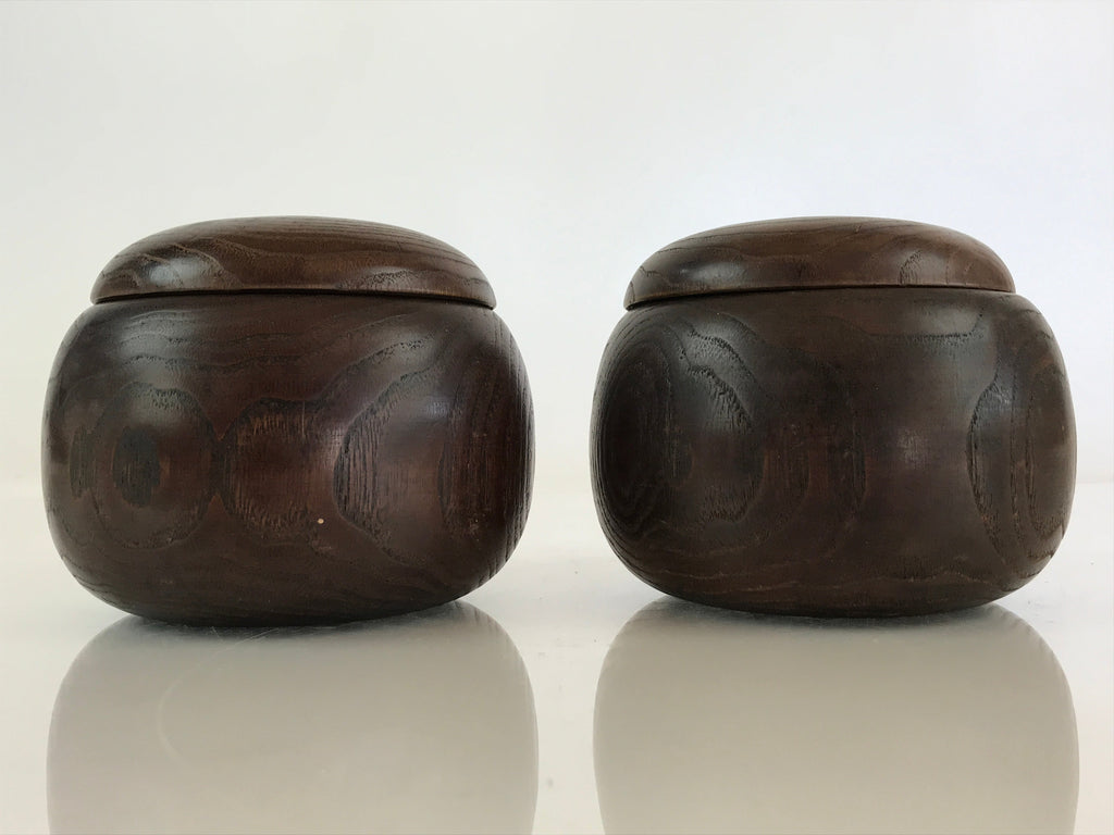 Japanese Go Stone Goishi Game Piece Set Vtg Dark Brown Bowl Black White GO78