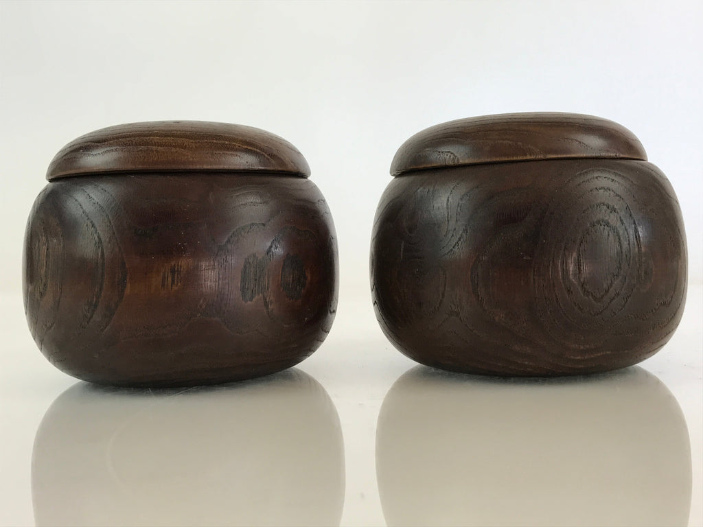 Japanese Go Stone Goishi Game Piece Set Vtg Dark Brown Bowl Black White GO78