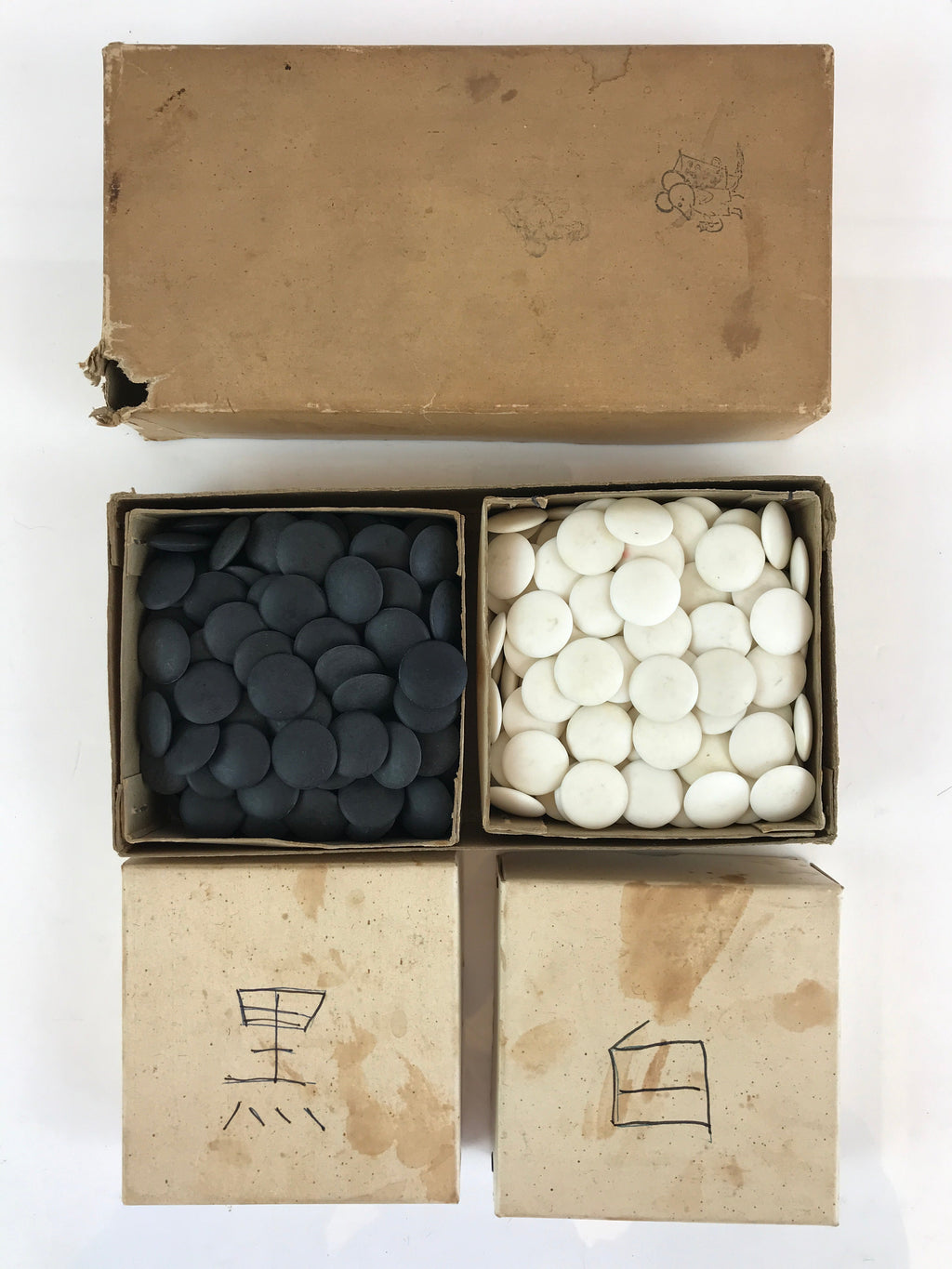 Japanese Go Stone Goishi Piece Set Vtg Traditional Game Black White GO75