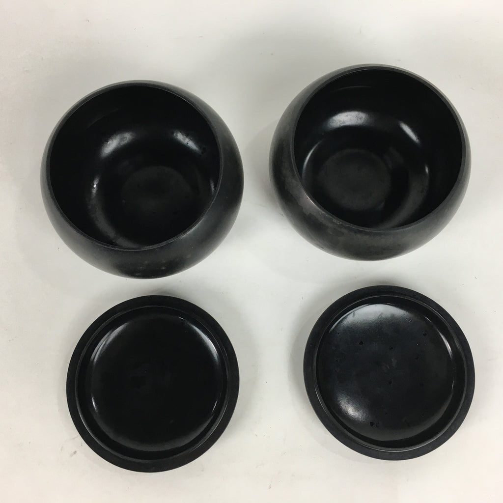 Japanese Go Stone Vtg Goishi Game Piece Set Black Bowl Black White GO65