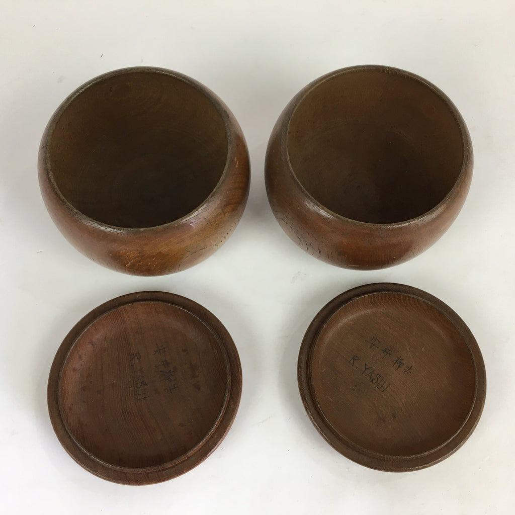 Japanese Go Stone Vtg Goishi Game Piece Set Brown Bowl Black White GO67