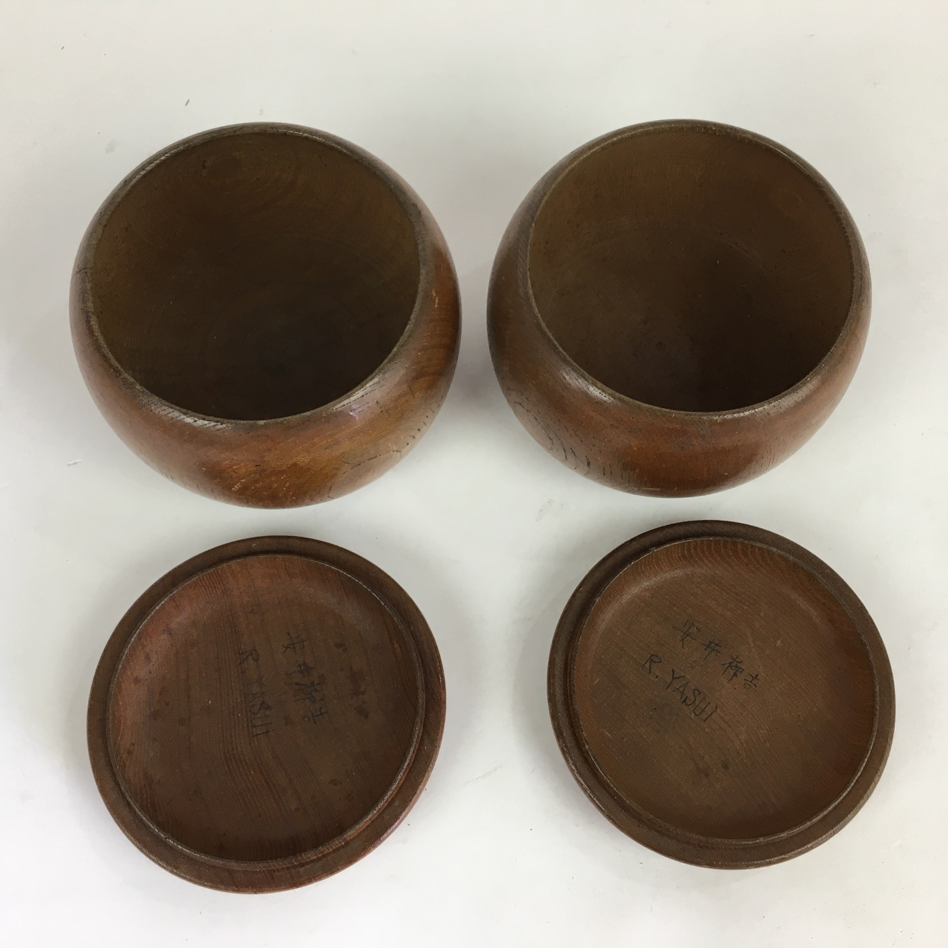 Japanese Go Stone Vtg Goishi Game Piece Set Brown Bowl Black White GO67