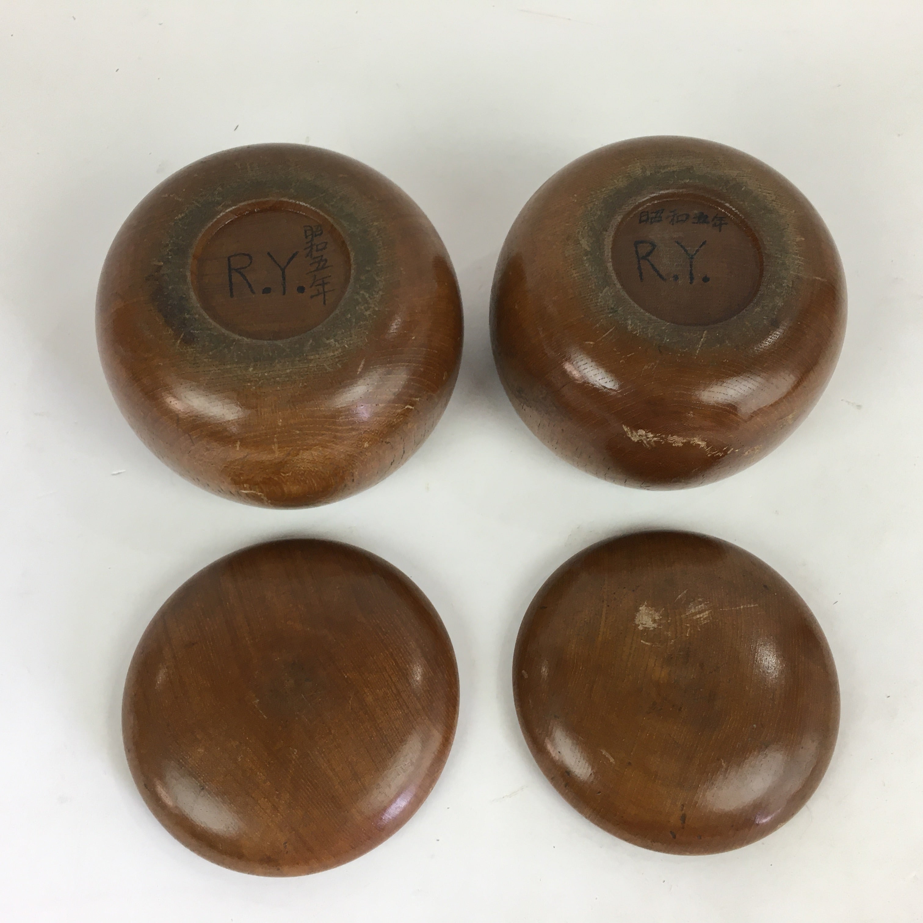 Japanese Go Stone Vtg Goishi Game Piece Set Brown Bowl Black White GO67