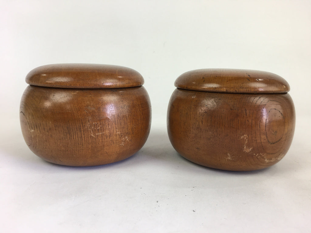 Japanese Go Stone Vtg Goishi Game Piece Set Brown Bowl Black White GO67
