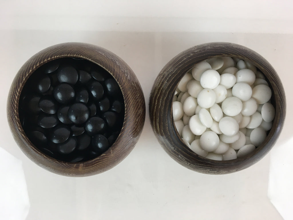 Japanese Go Stone Vtg Goishi Game Piece Set Dark Brown Bowl Black White GO70