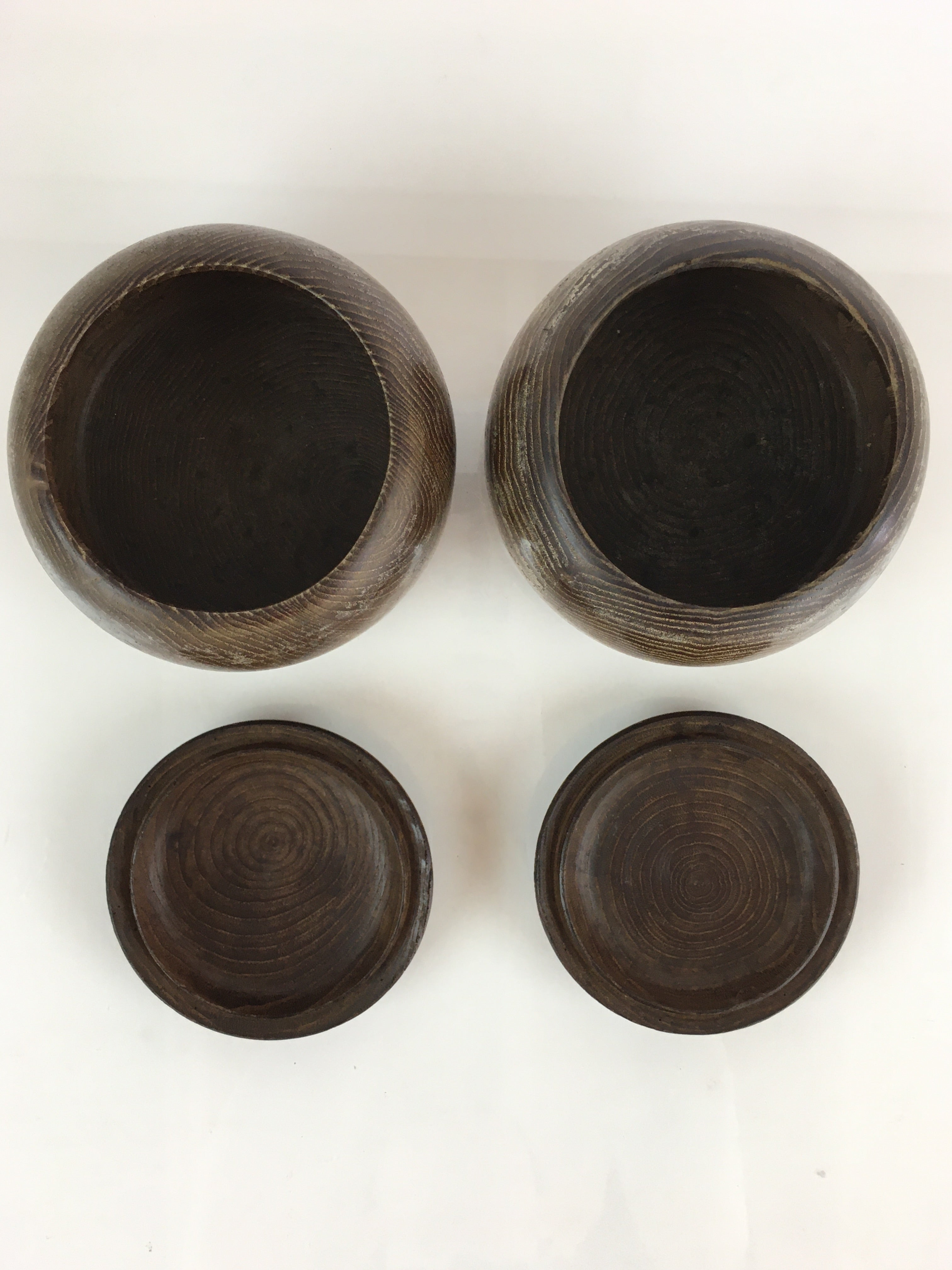 Japanese Go Stone Vtg Goishi Game Piece Set Dark Brown Bowl Black White GO70