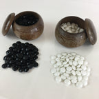 Japanese Go Stone Vtg Goishi Game Piece Set Dark Brown Bowl Black White GO70
