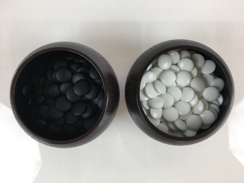 Japanese Go Stone Vtg Goishi Game Piece Set Dark Brown Bowl Black White GO71