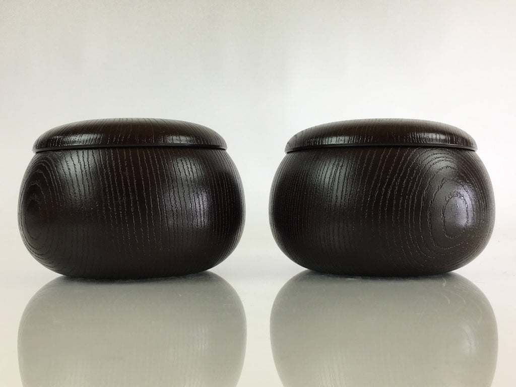 Japanese Go Stone Vtg Goishi Game Piece Set Dark Brown Bowl Black White GO71
