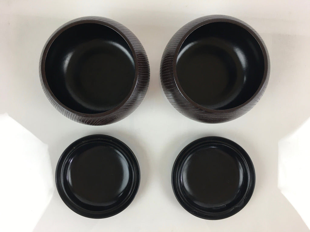 Japanese Go Stone Vtg Goishi Game Piece Set Dark Brown Bowl Black White GO71