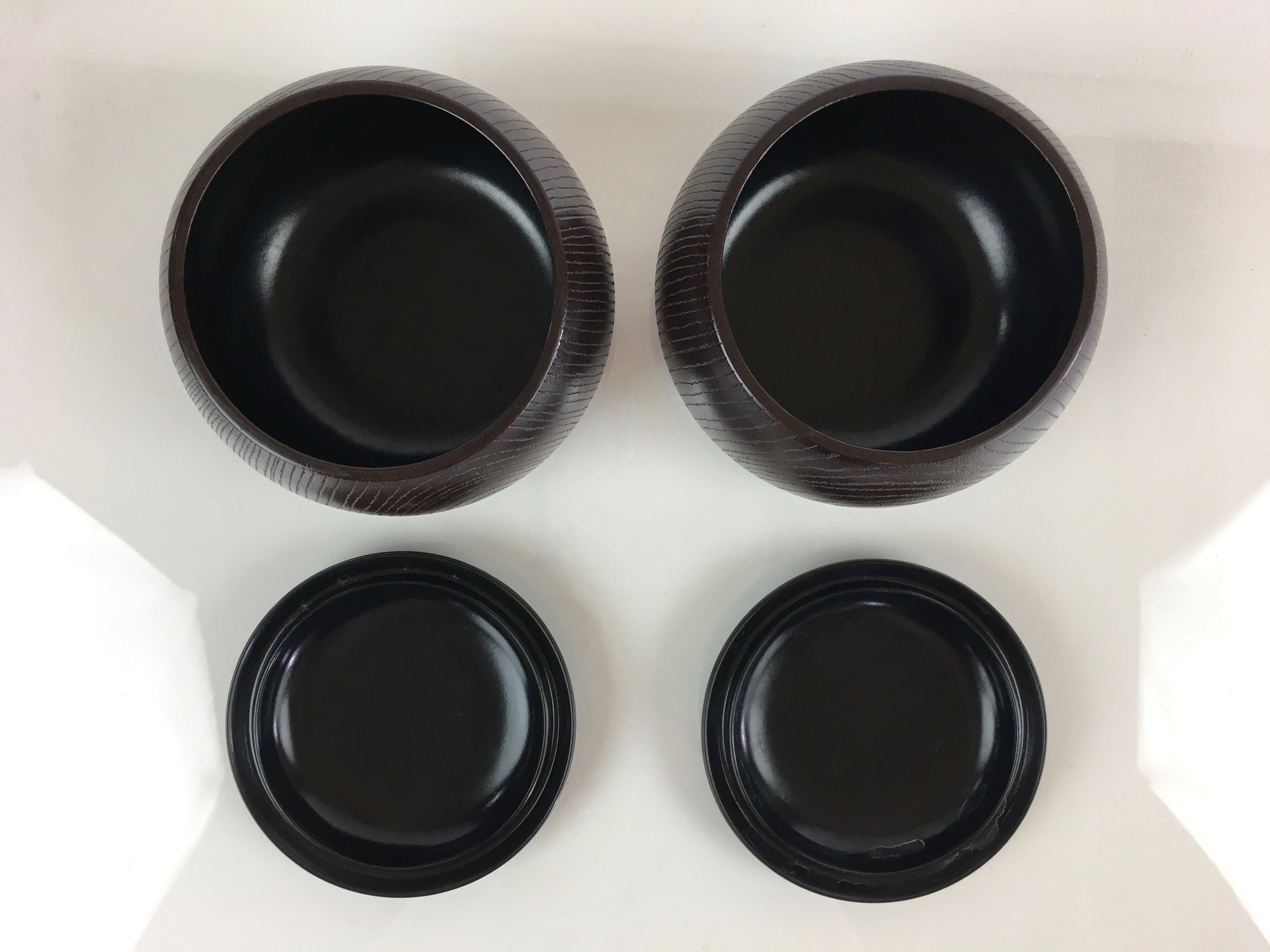 Japanese Go Stone Vtg Goishi Game Piece Set Dark Brown Bowl Black White GO71
