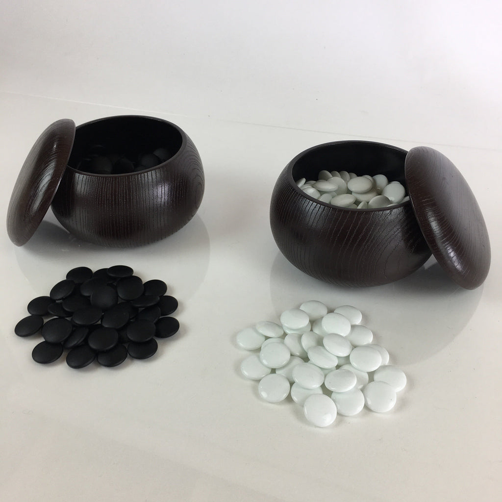 Japanese Go Stone Vtg Goishi Game Piece Set Dark Brown Bowl Black White GO71