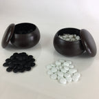 Japanese Go Stone Vtg Goishi Game Piece Set Dark Brown Bowl Black White GO71