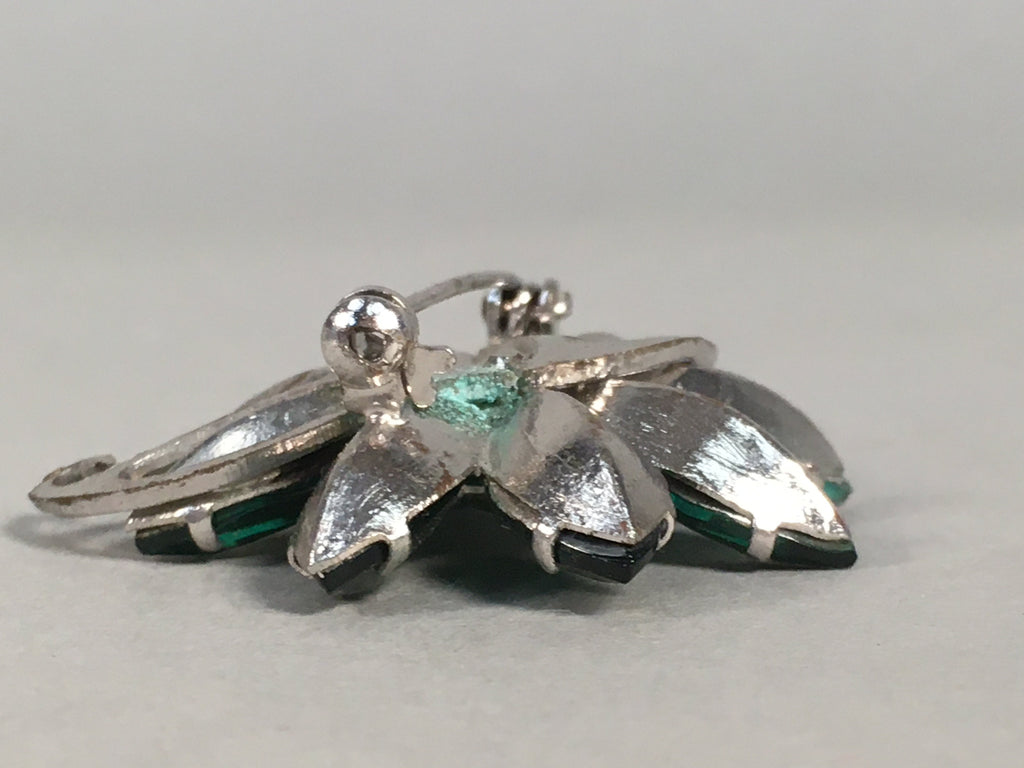 Japanese Green Flower Brooch Vtg Bijou Pin Badge Vine Silver Glass JK87