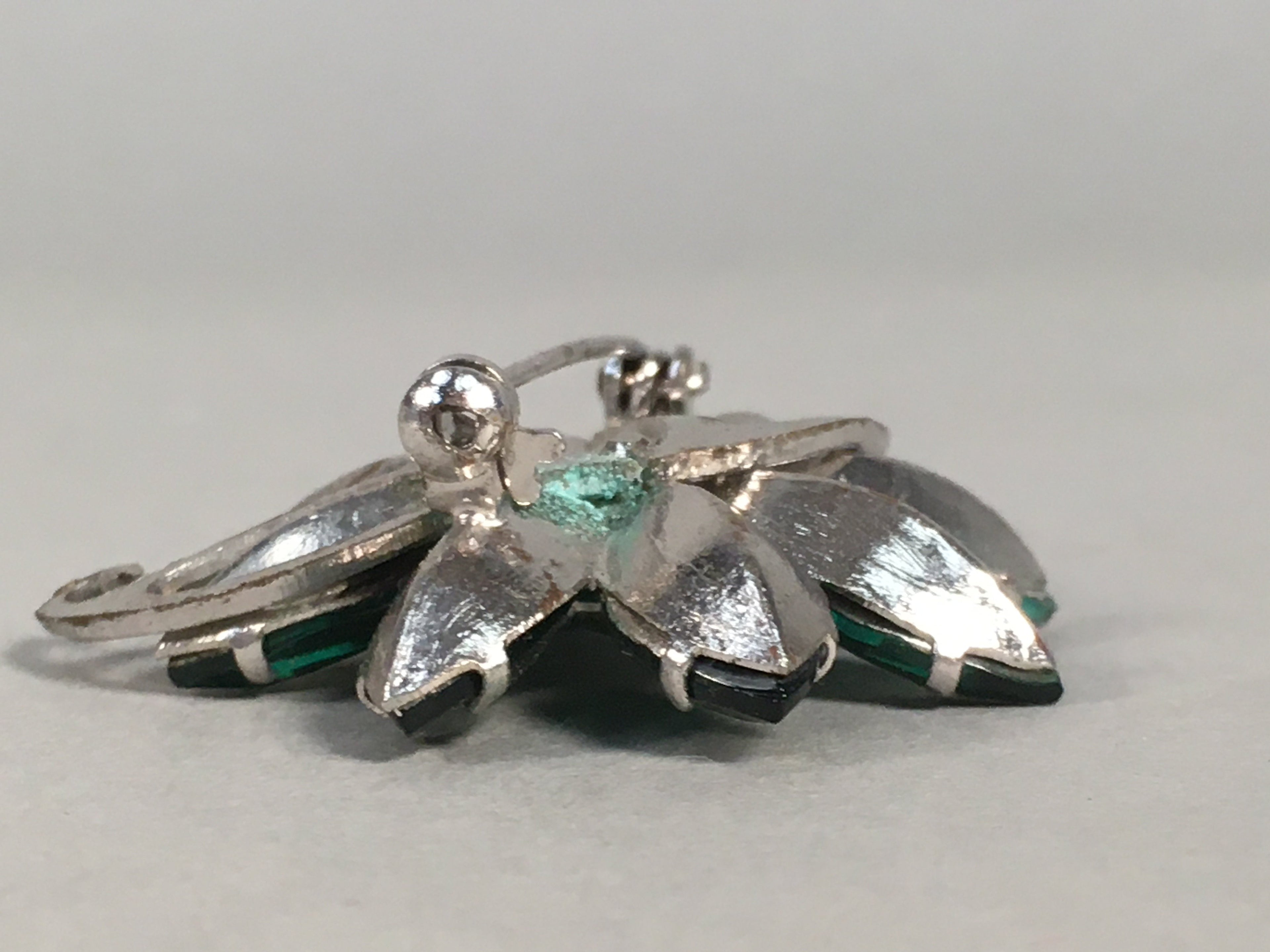 Japanese Green Flower Brooch Vtg Bijou Pin Badge Vine Silver Glass JK87