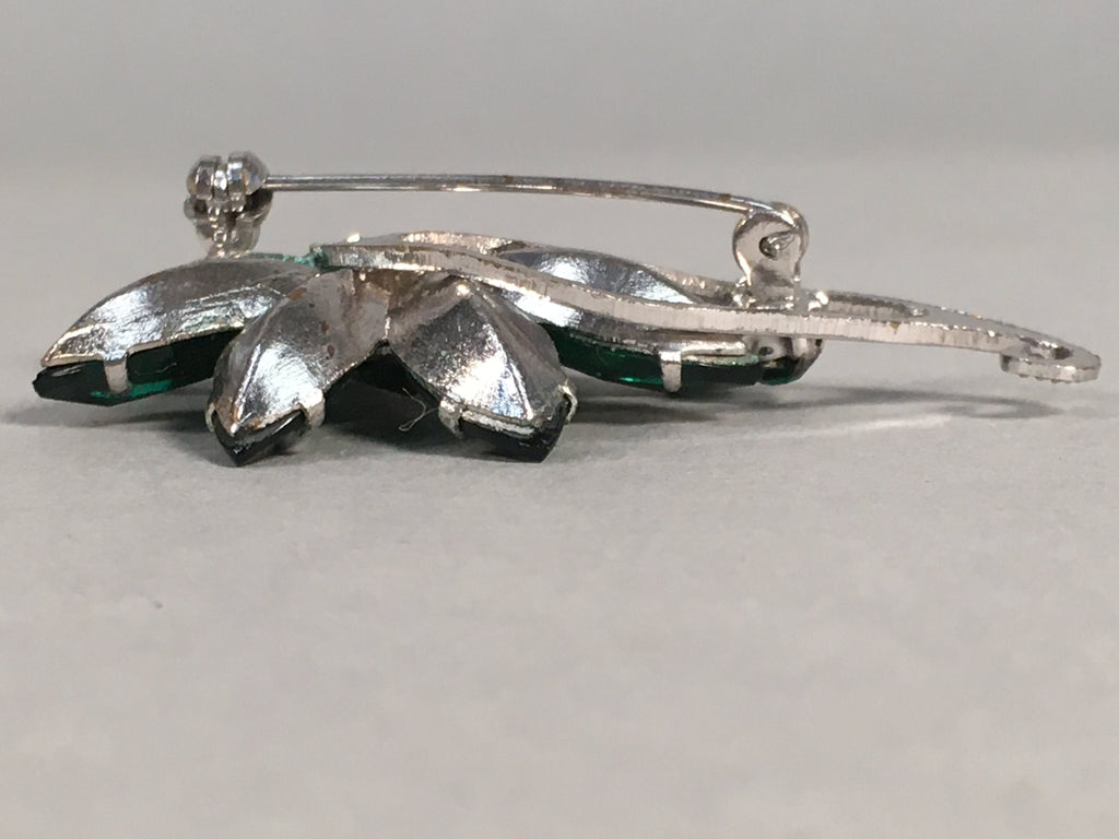 Japanese Green Flower Brooch Vtg Bijou Pin Badge Vine Silver Glass JK87