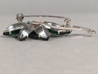 Japanese Green Flower Brooch Vtg Bijou Pin Badge Vine Silver Glass JK87