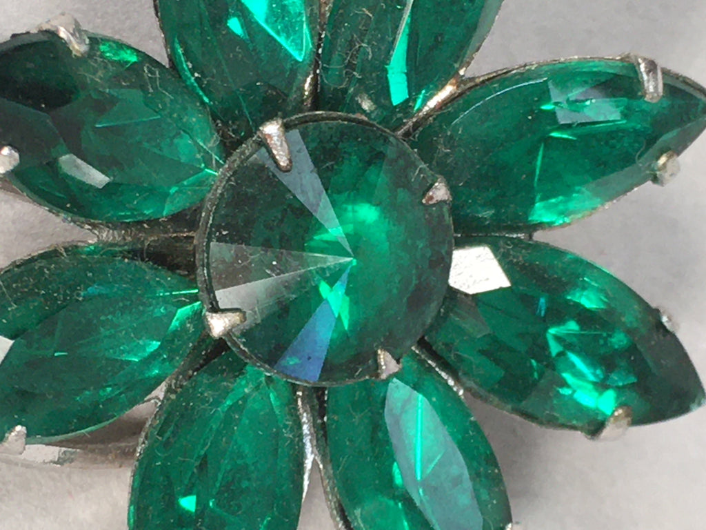 Japanese Green Flower Brooch Vtg Bijou Pin Badge Vine Silver Glass JK87