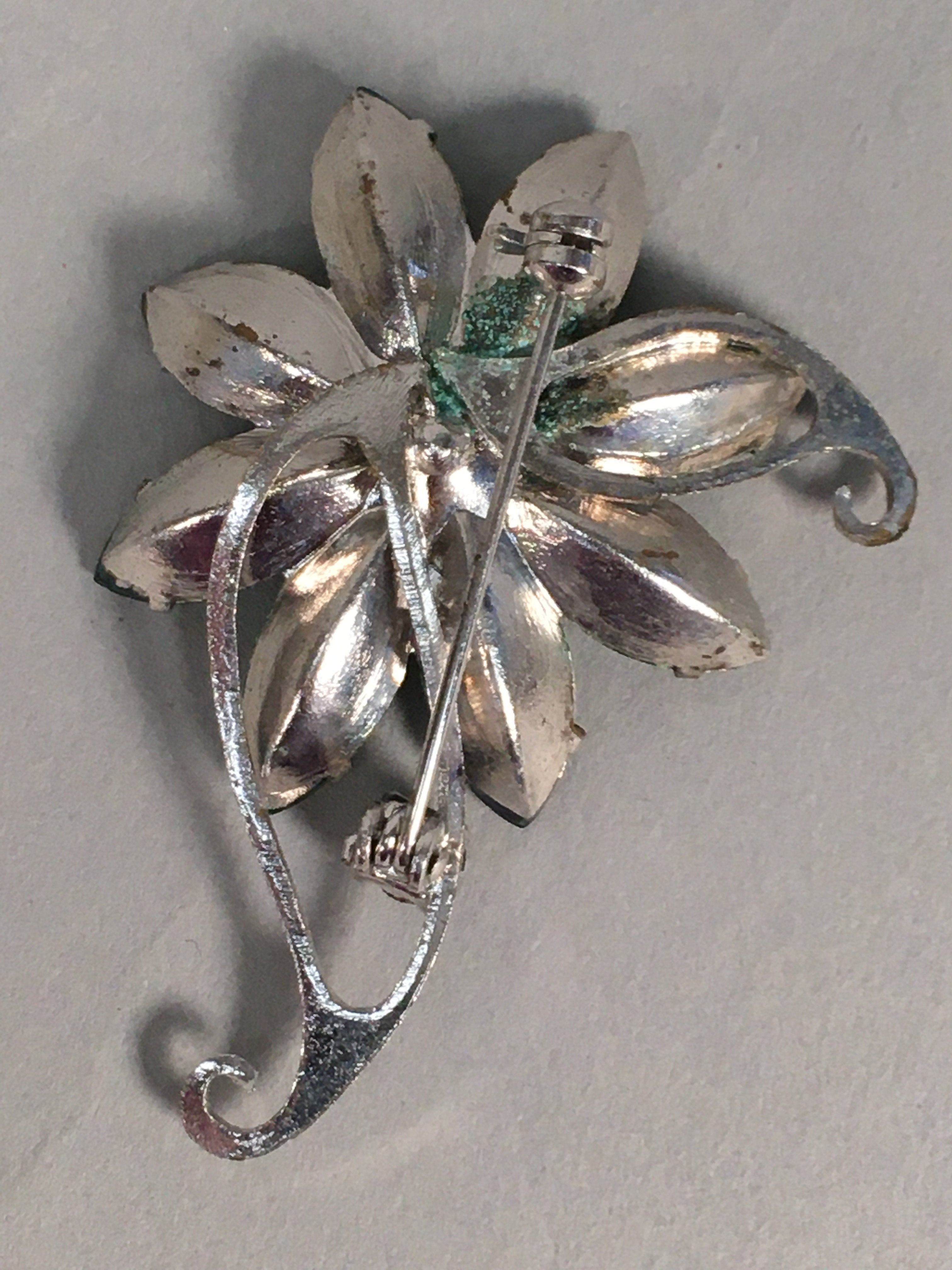 Japanese Green Flower Brooch Vtg Bijou Pin Badge Vine Silver Glass JK87