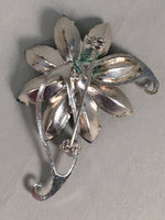 Japanese Green Flower Brooch Vtg Bijou Pin Badge Vine Silver Glass JK87