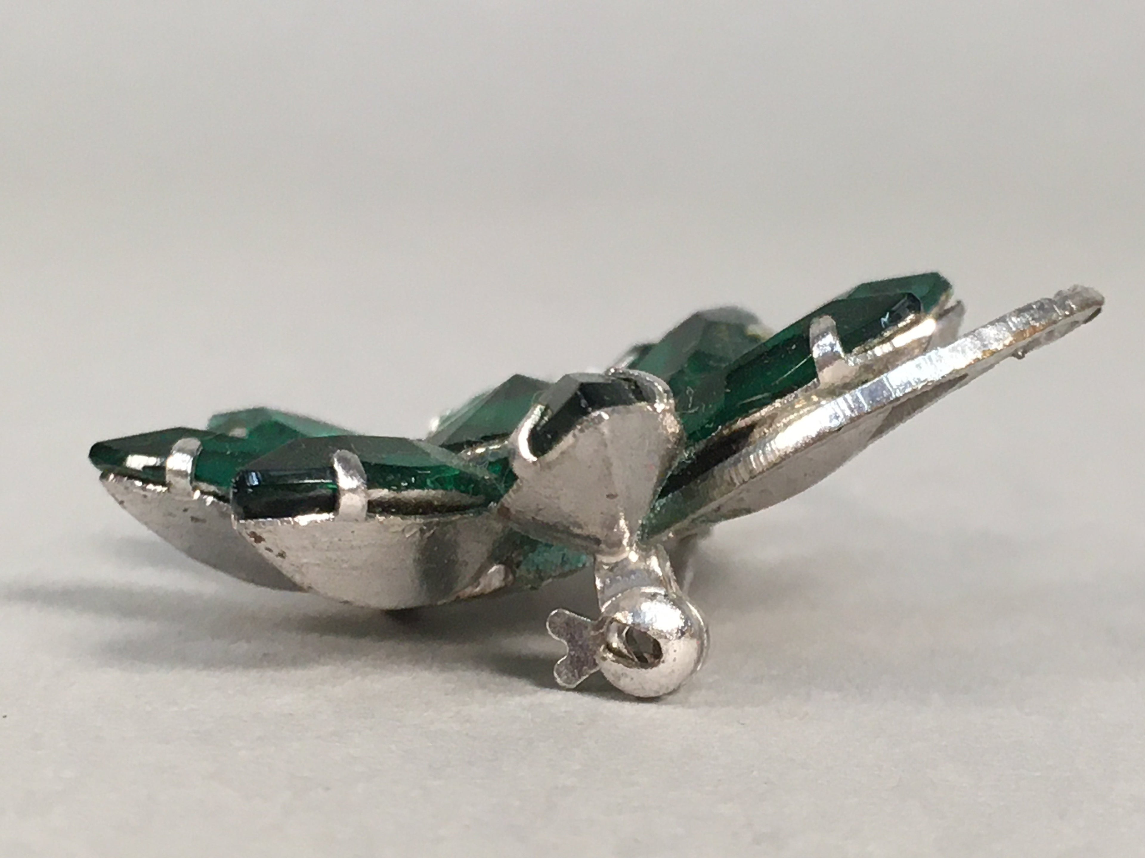 Japanese Green Flower Brooch Vtg Bijou Pin Badge Vine Silver Glass JK87