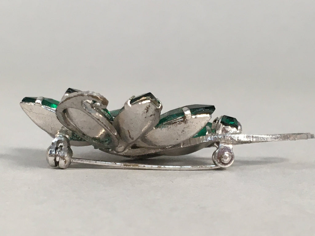 Japanese Green Flower Brooch Vtg Bijou Pin Badge Vine Silver Glass JK87