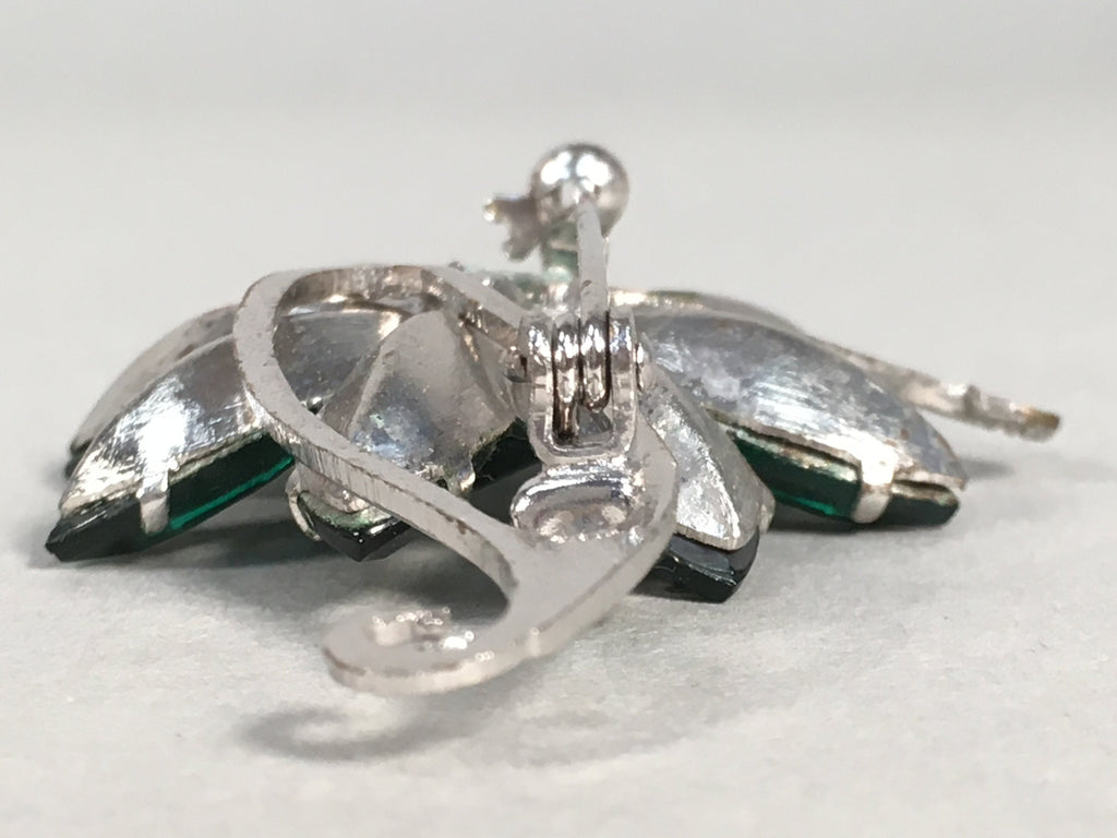 Japanese Green Flower Brooch Vtg Bijou Pin Badge Vine Silver Glass JK87