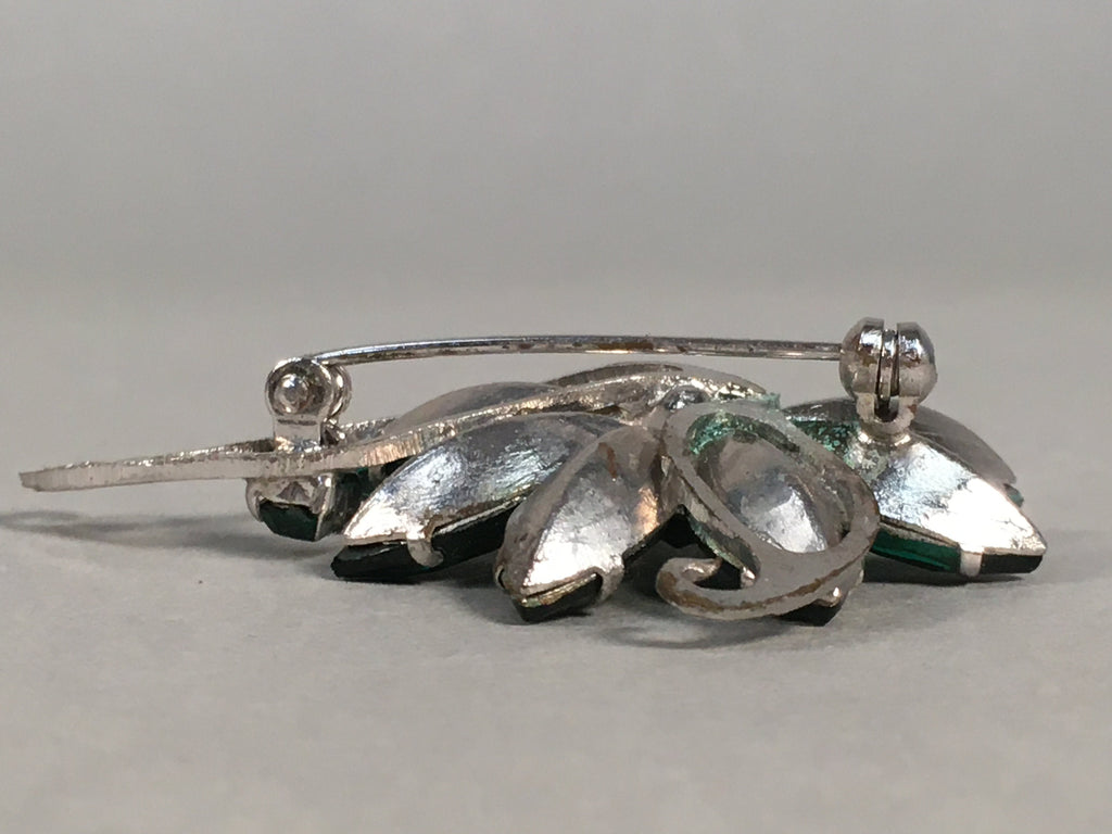 Japanese Green Flower Brooch Vtg Bijou Pin Badge Vine Silver Glass JK87
