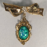 Japanese Green Opal Oval Glass Brooch Metal Ribbon Vtg Bijou Pin Gold JK41
