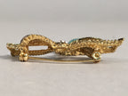 Japanese Green Opal Oval Glass Brooch Metal Ribbon Vtg Bijou Pin Gold JK41