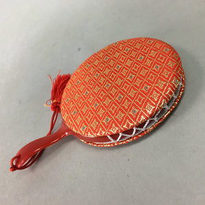 Japanese Hand Mirror Vtg Fabric Cover Red Gold KF305