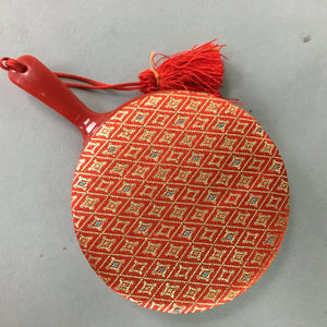 Japanese Hand Mirror Vtg Fabric Cover Red Gold KF305